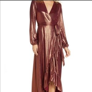 Wayf Copper Metallic Ruffle Hem Hi Lo Wrap Dress